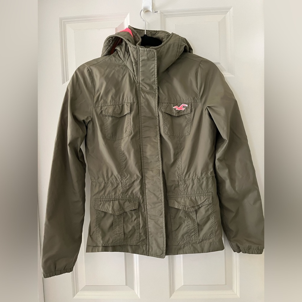 Juniors Hollister Olive Green hooded utility windbreaker multi pocket zip/snap M